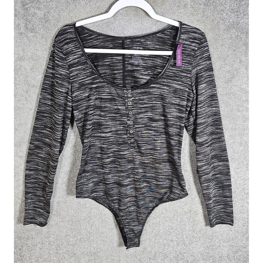 Adore Me‎ Bodysuit Womens Sz Large Scoop Neck Black Spacedye Stretch Snaps New